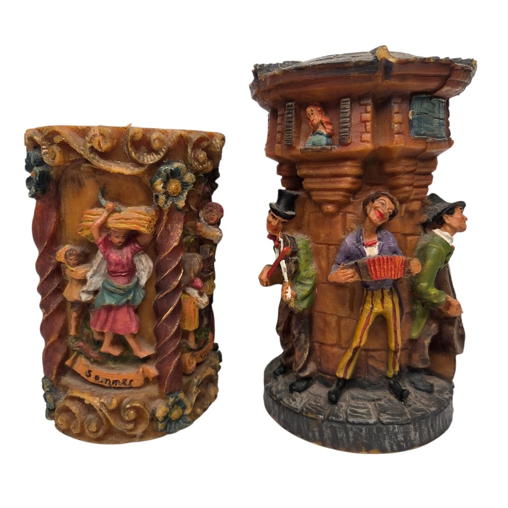 Vintage Gunter Kerzen German Musicians Famiky Work Scenes Carved Wax Candle Pair